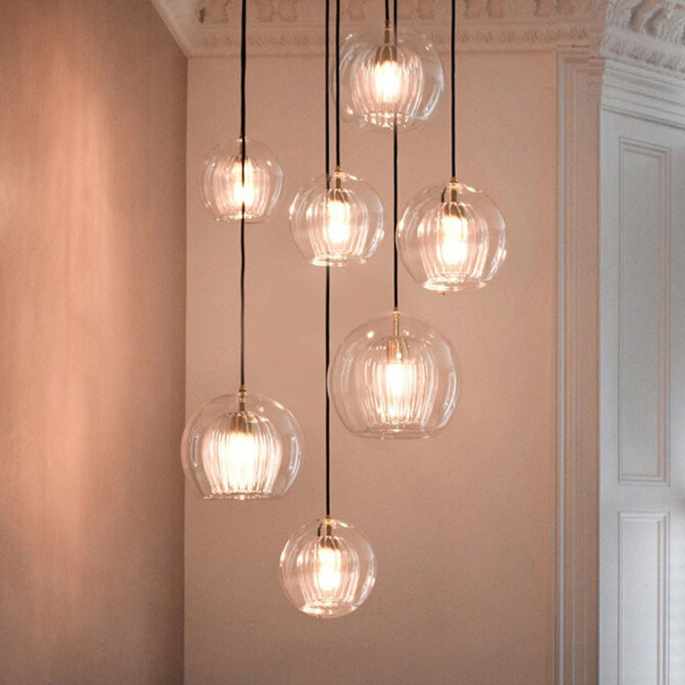 Lampe suspendue en verre moderne | Conception de globe nervuré ambre