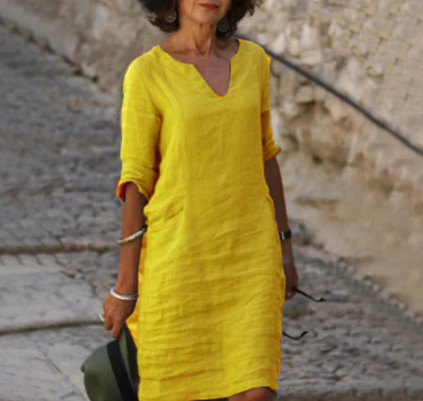 Solènea | Robe Longue en Lin à Manches Longues et Col en V – Élégance Naturelle