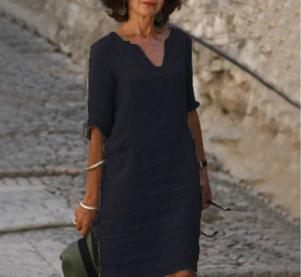 Solènea | Robe Longue en Lin à Manches Longues et Col en V – Élégance Naturelle
