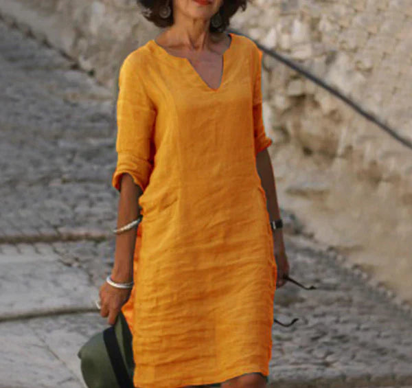 Solènea | Robe Longue en Lin à Manches Longues et Col en V – Élégance Naturelle