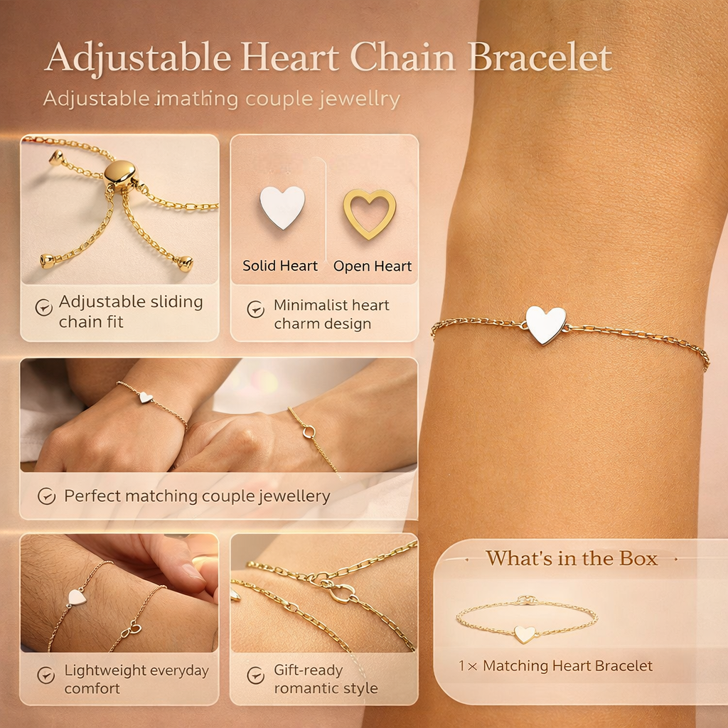 Bracelet à chaîne réglable avec cœur, bijoux assortis pour couples