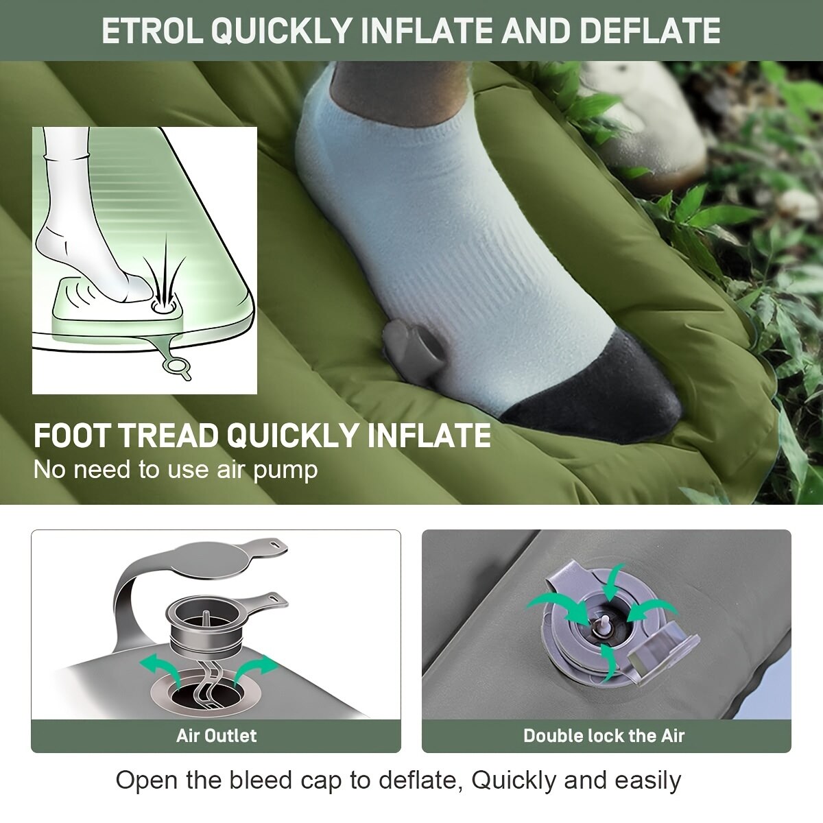 Matelas de camping gonflable avec pompe à pied intégrée et design compact