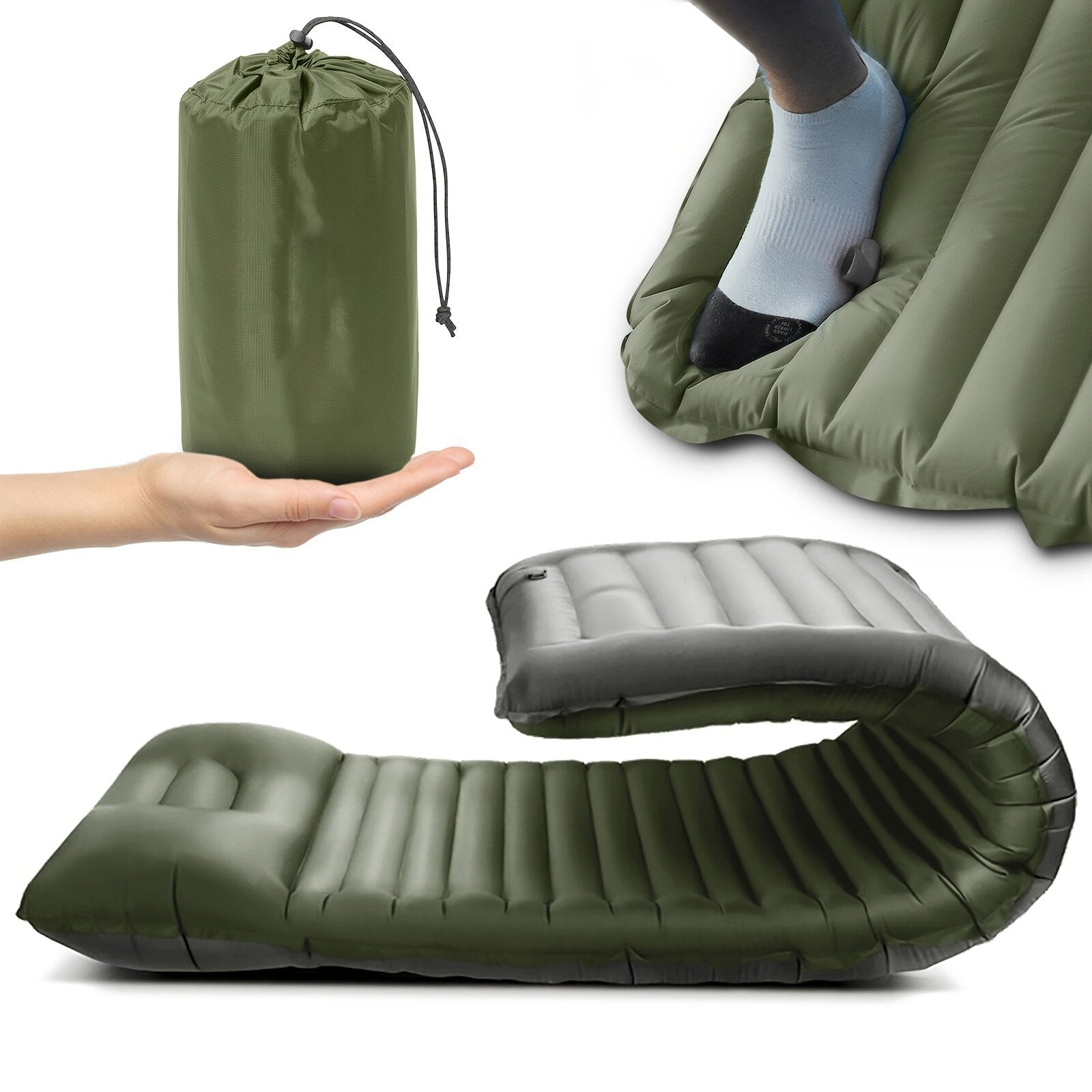 Matelas de camping gonflable avec pompe à pied intégrée et design compact