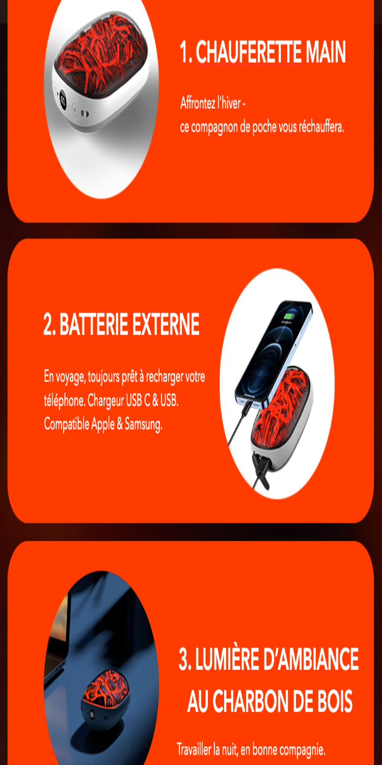 Chauffe main léger et rechargeable, aspect flamme avec chauffe rapide - 3 niveaux, chargeur USB-C, batterie externe de 2000 mAh lithium