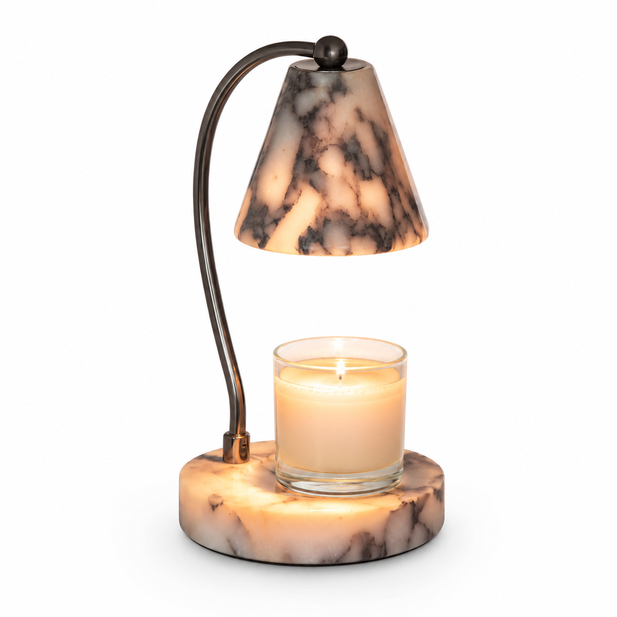 Lampe de chevet en marbre avec porte-bougie intégré et bras en métal courbé