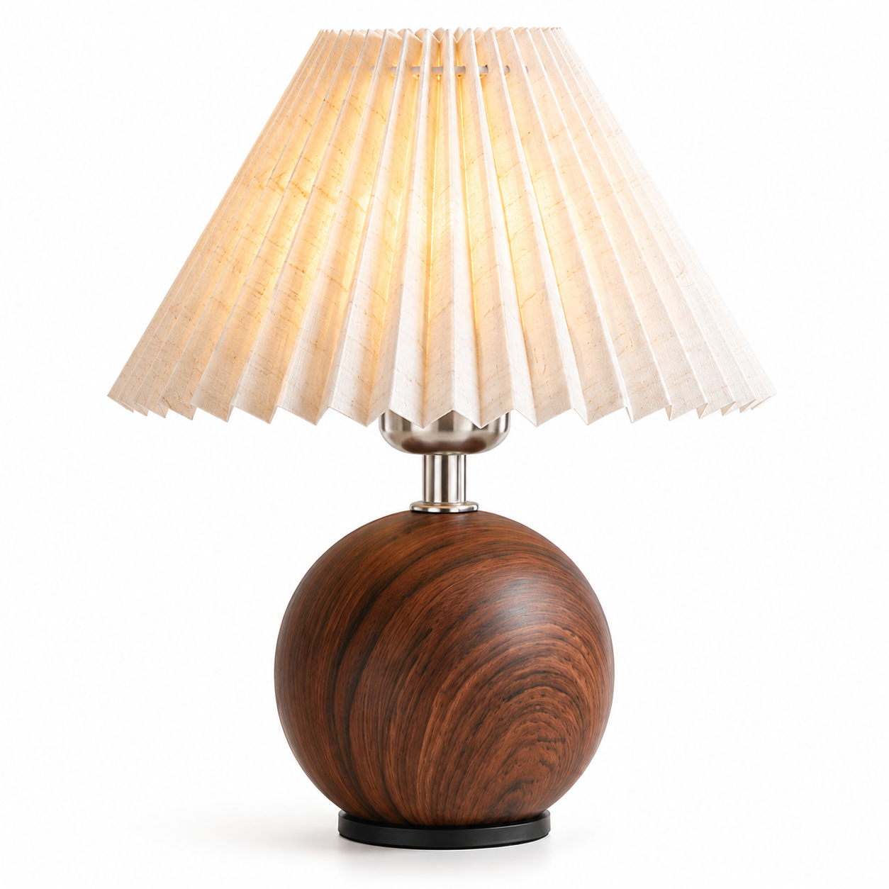 Lampe de Chevet Mid-Century avec Base Ronde en Bois et Abat-Jour en Tissu Plissé