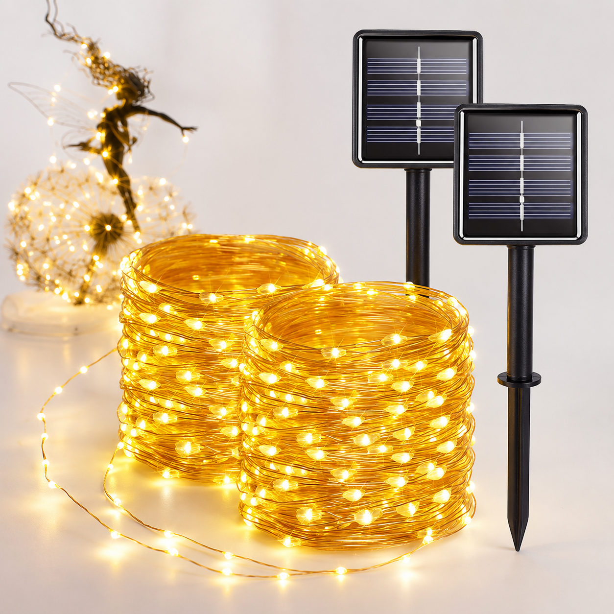 Guirlandes lumineuses solaires d'extérieur, étanches, avec piquet à double panneau et en Mode mémoire