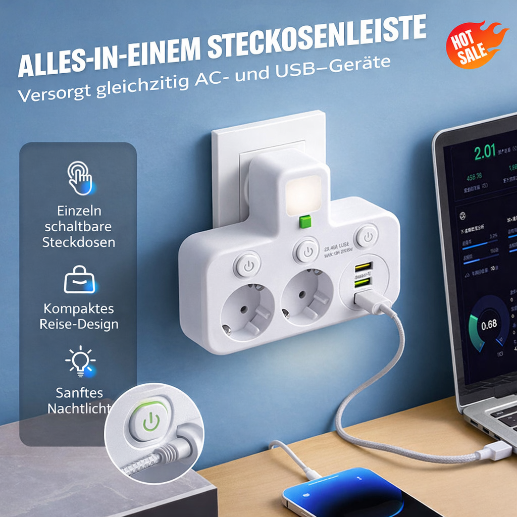 Multiprise avec ports USB, interrupteurs individuels et veilleuse