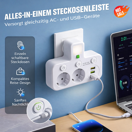 Multiprise avec ports USB, interrupteurs individuels et veilleuse