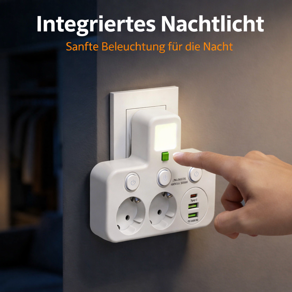Multiprise avec ports USB, interrupteurs individuels et veilleuse