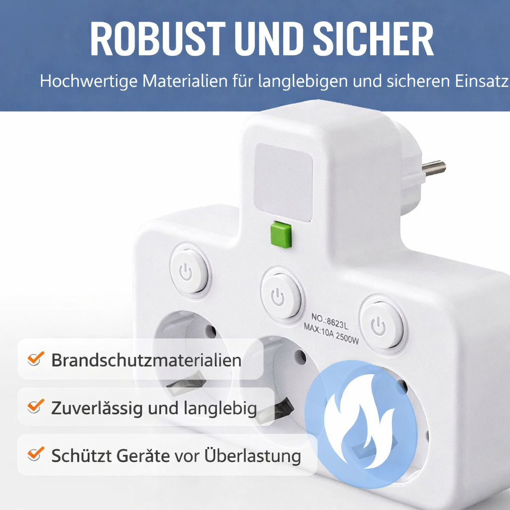 Multiprise avec ports USB, interrupteurs individuels et veilleuse