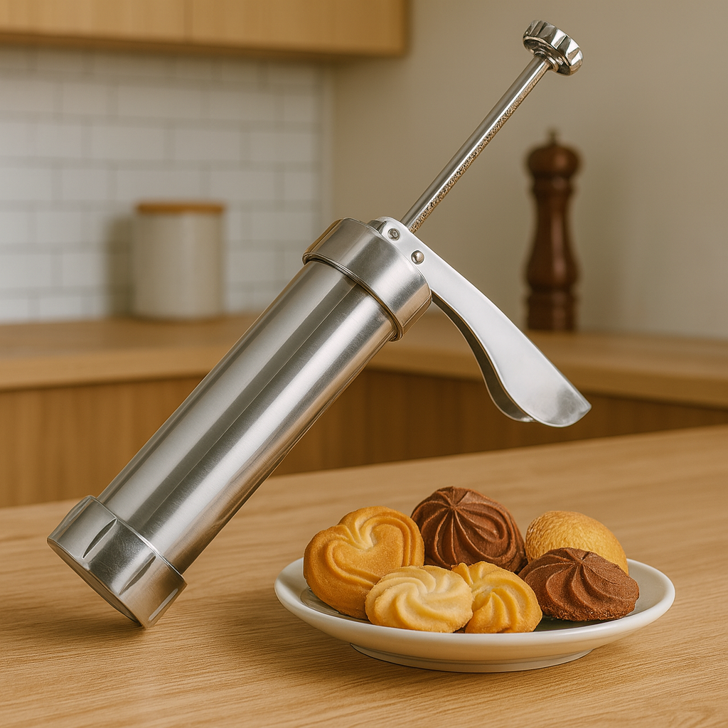Presse à biscuits pour pâtissiers amateurs et passionnés, avec différentes formes et options de décoration.