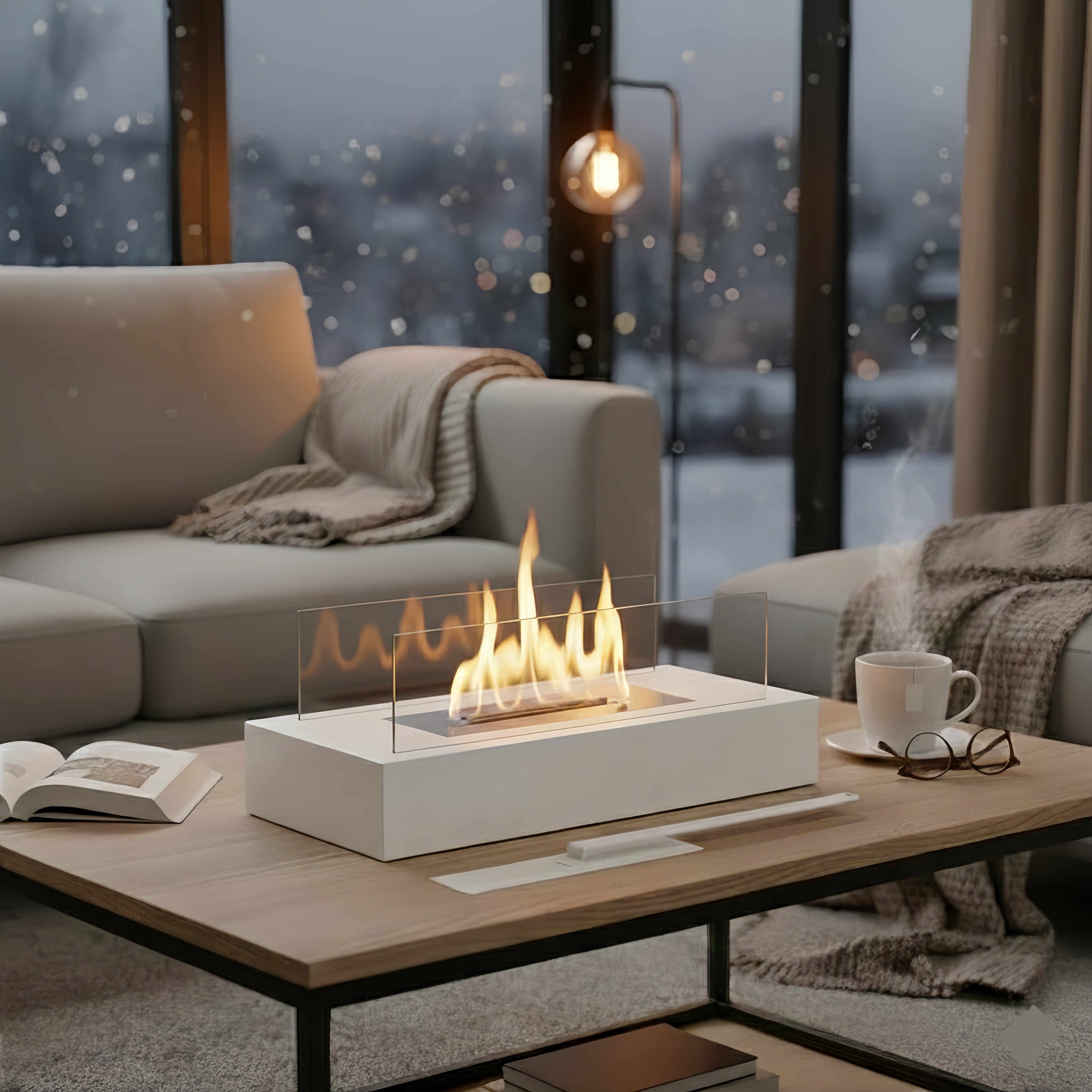 Cheminée de table rectangulaire premium au bioéthanol - verre borosilicate et acier de haute qualité