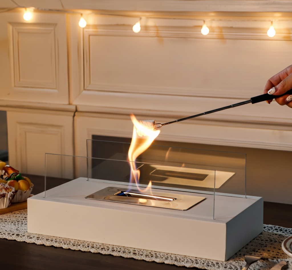 Cheminée de table rectangulaire premium au bioéthanol - verre borosilicate et acier de haute qualité