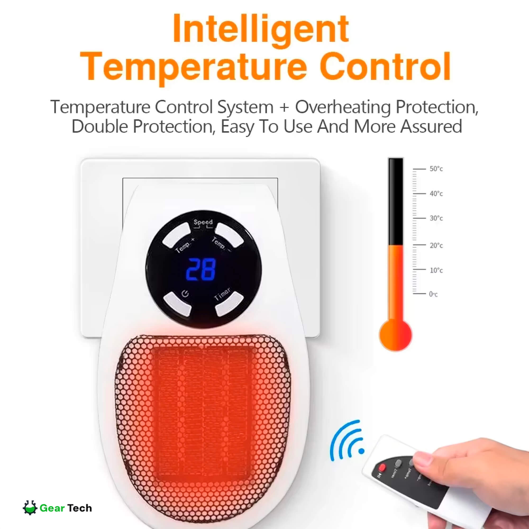 Mini radiateur électrique portable enfichable 500 W, thermostat intégré, protection contre la surchauffe et prise pivotante