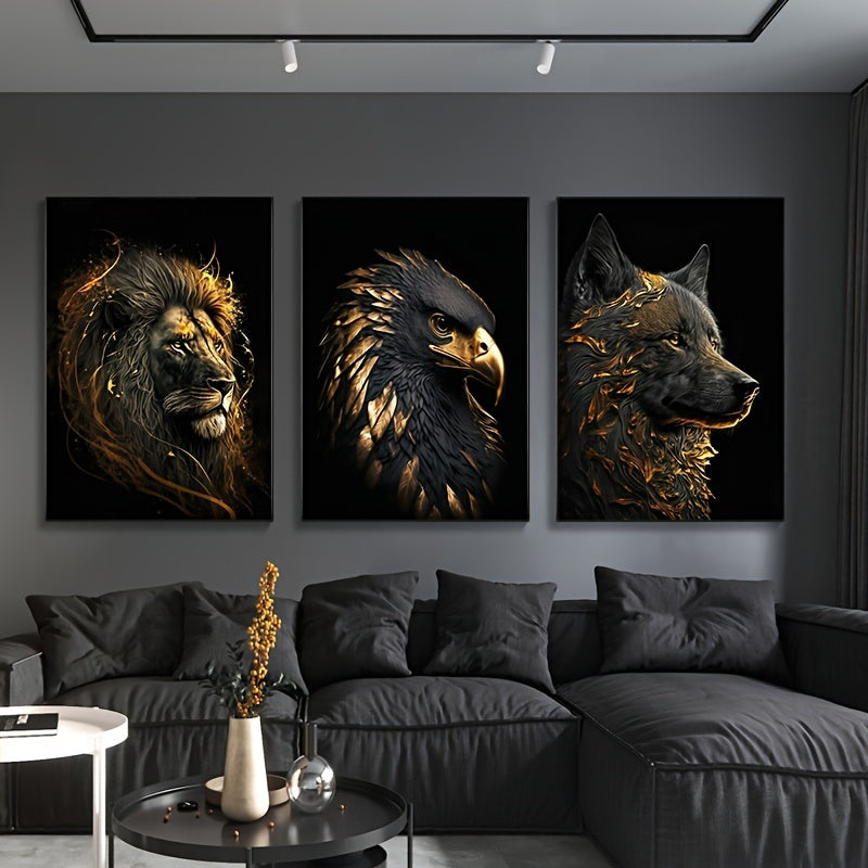 Ensemble d’art sur toile de la faune | Triptyque Aigle Lion Doré Loup
