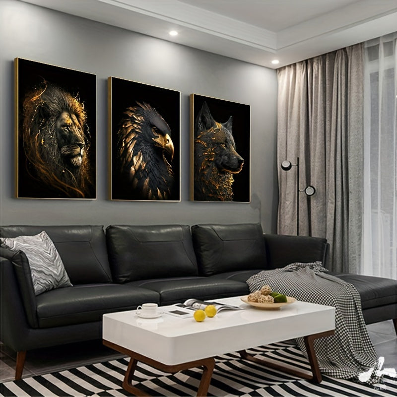 Ensemble d’art sur toile de la faune | Triptyque Aigle Lion Doré Loup