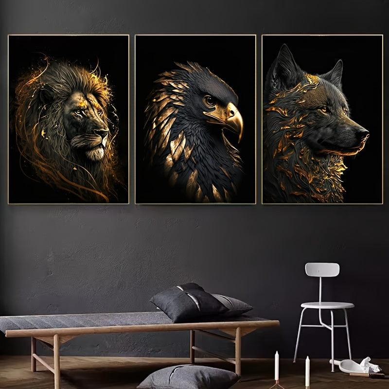 Ensemble d’art sur toile de la faune | Triptyque Aigle Lion Doré Loup