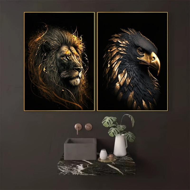 Ensemble d’art sur toile de la faune | Triptyque Aigle Lion Doré Loup