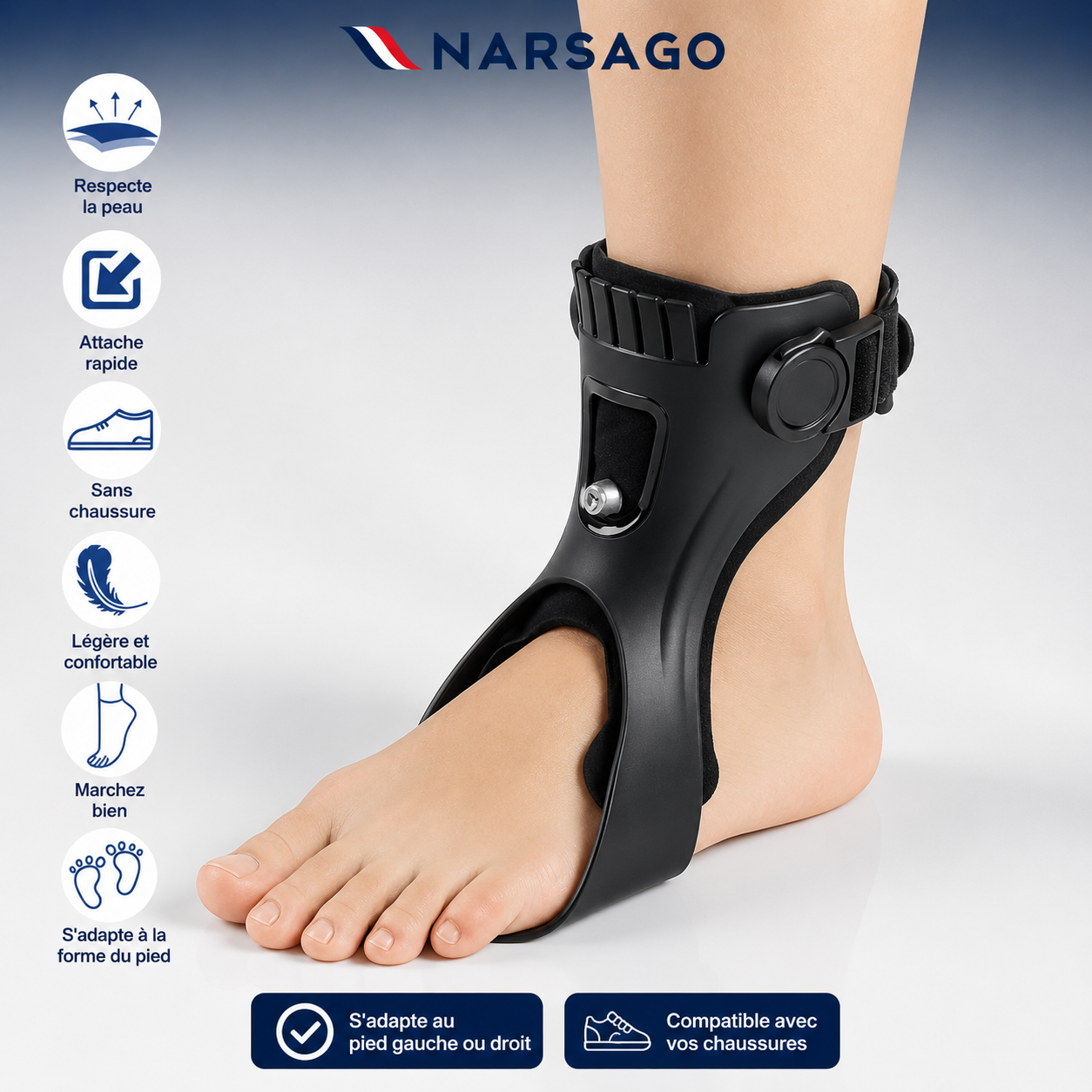 Orthèse réglable pour pied-tombant avec doublure respirante et élévation de la pointe