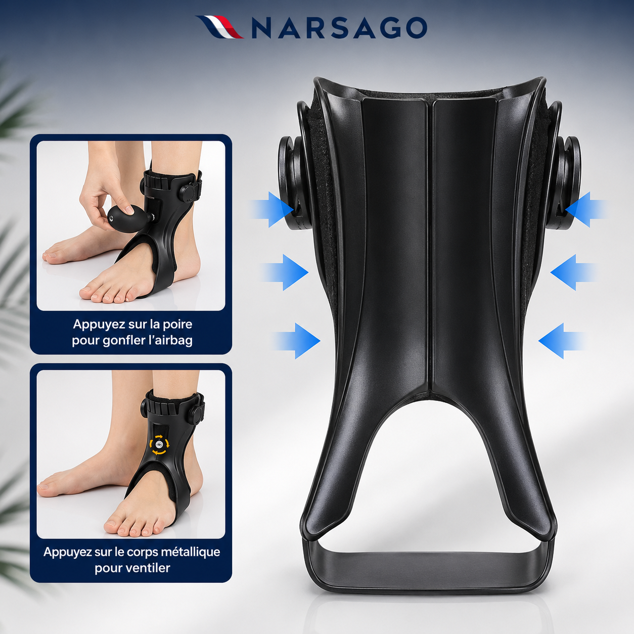 Orthèse réglable pour pied-tombant avec doublure respirante et élévation de la pointe