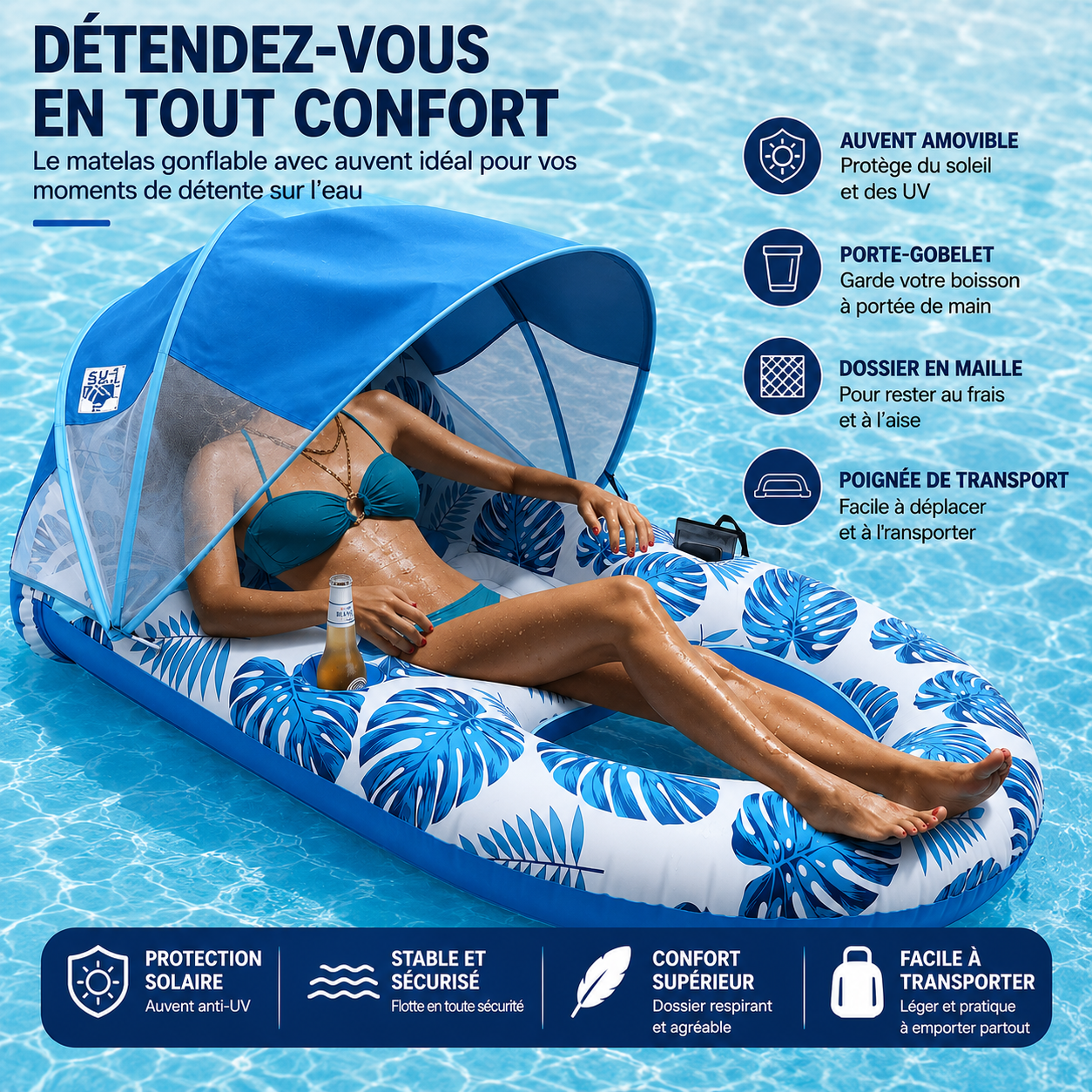 Chaise longue gonflable de piscine avec auvent pare-soleil, porte-gobelets, dossier et repose-pieds pour adultes, à haute résistance