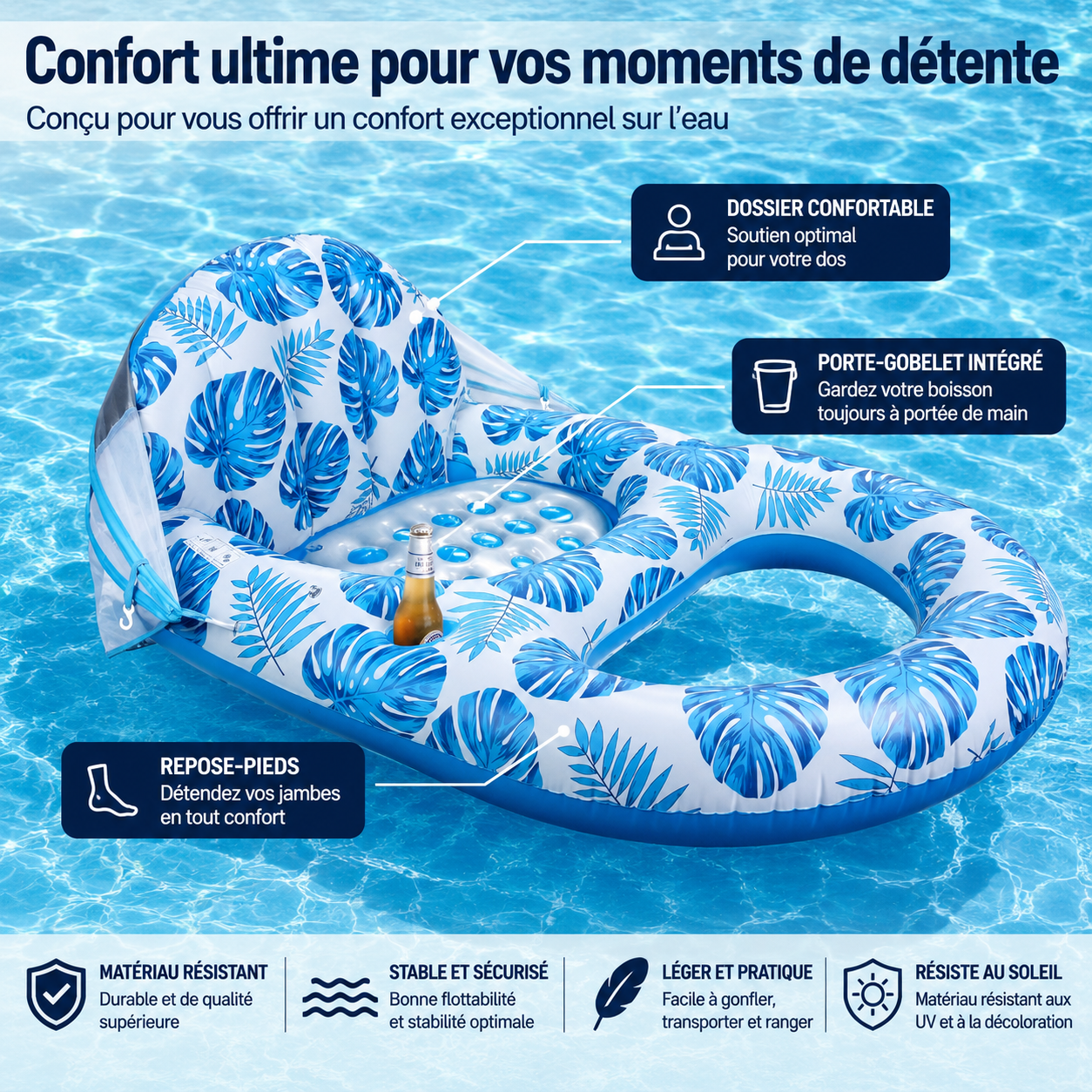 Chaise longue gonflable de piscine avec auvent pare-soleil, porte-gobelets, dossier et repose-pieds pour adultes, à haute résistance