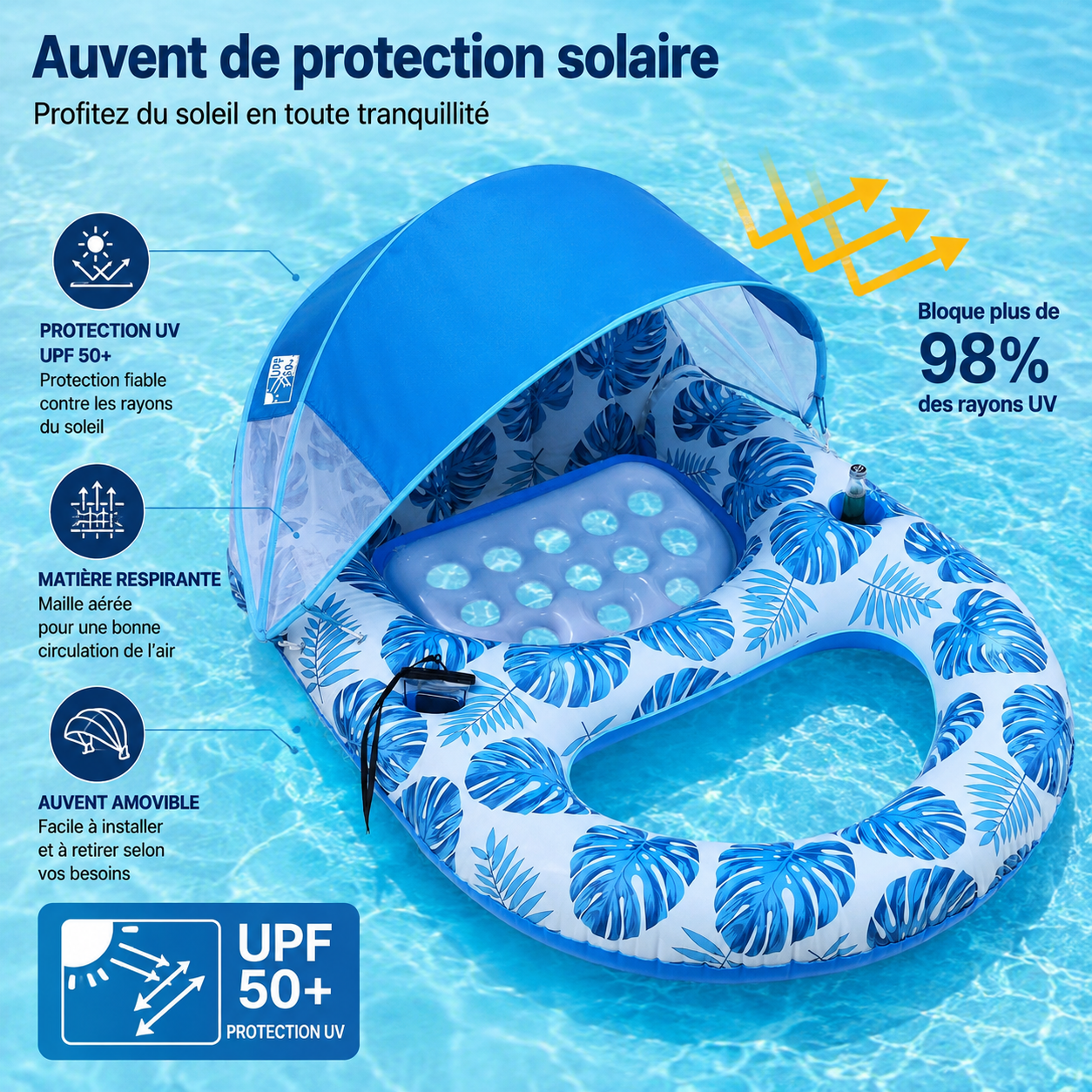 Chaise longue gonflable de piscine avec auvent pare-soleil, porte-gobelets, dossier et repose-pieds pour adultes, à haute résistance