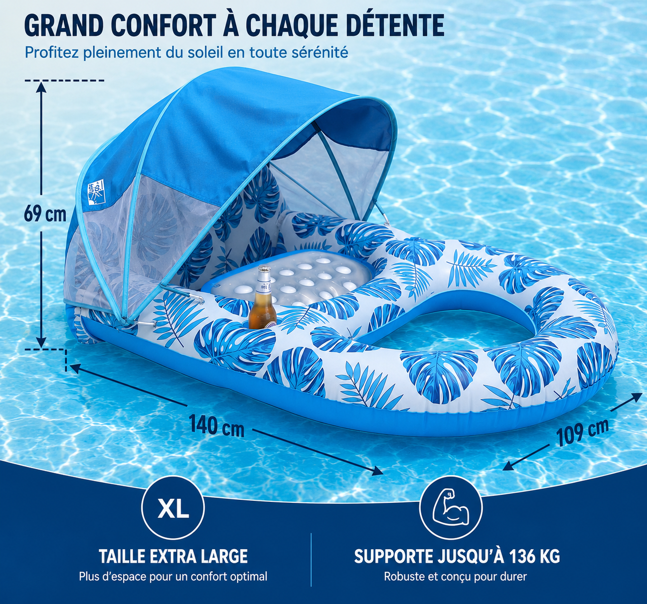 Chaise longue gonflable de piscine avec auvent pare-soleil, porte-gobelets, dossier et repose-pieds pour adultes, à haute résistance