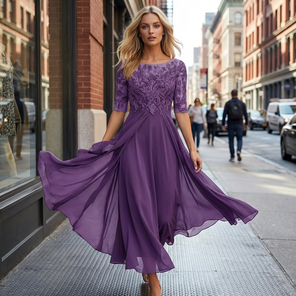 Robe Midi Élégante avec Détail en Dentelle et Jupe Fluide pour Occasions Festives