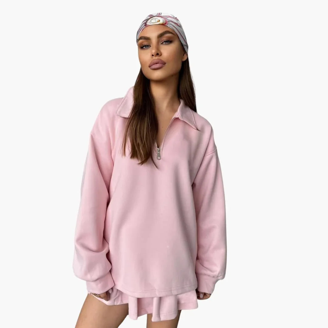 Pull femme avec demi-zip et jupe plissée