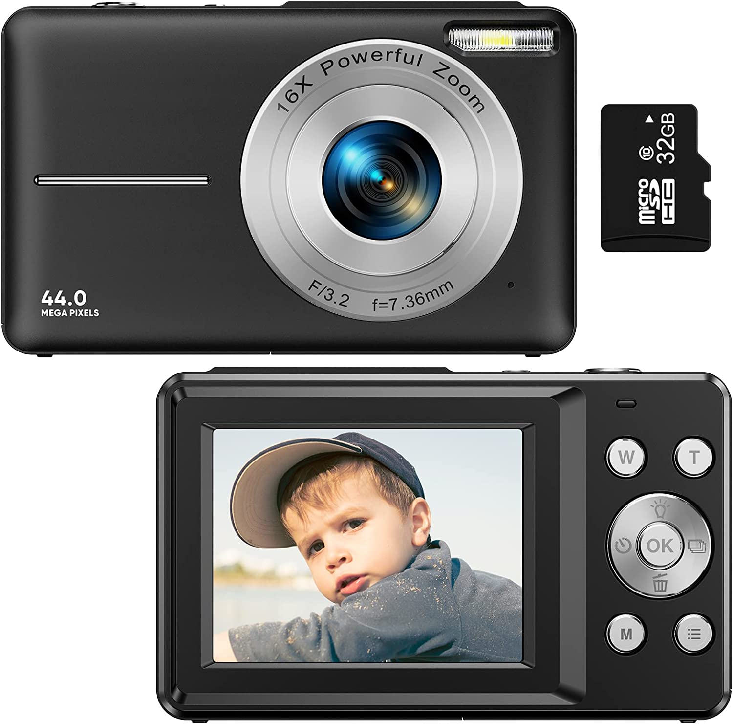 Appareil photo numérique portable 44 MP 1080p avec zoom 16×, écran LCD 2,4 pouces, batterie rechargeable, compact et léger pour réaliser des vlogs