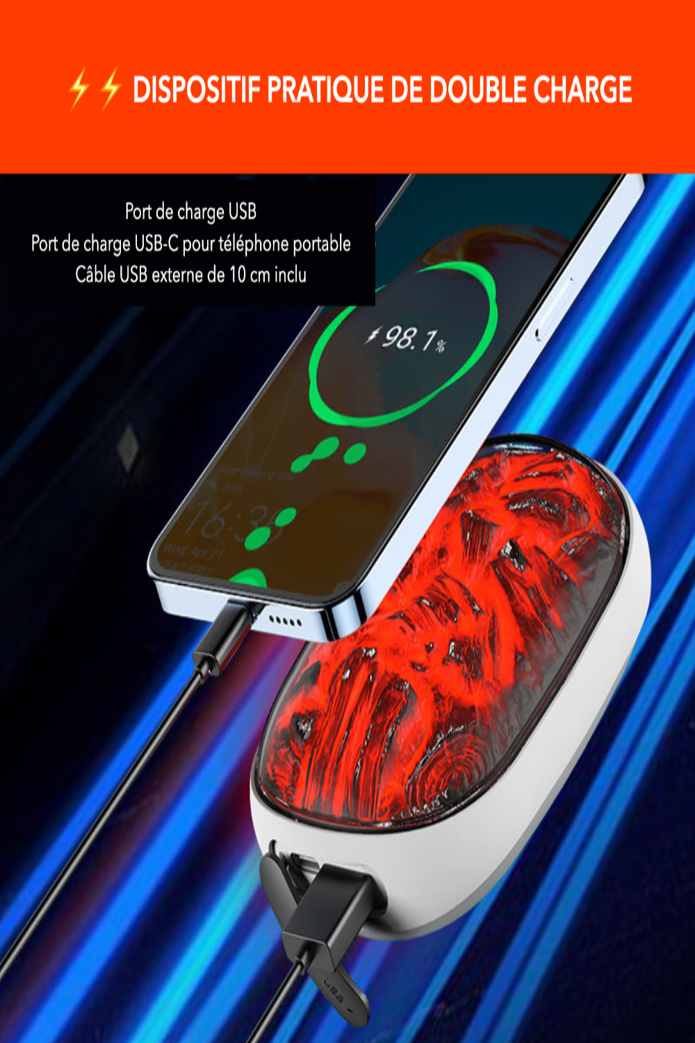 Chauffe main léger et rechargeable, aspect flamme avec chauffe rapide - 3 niveaux, chargeur USB-C, batterie externe de 2000 mAh lithium