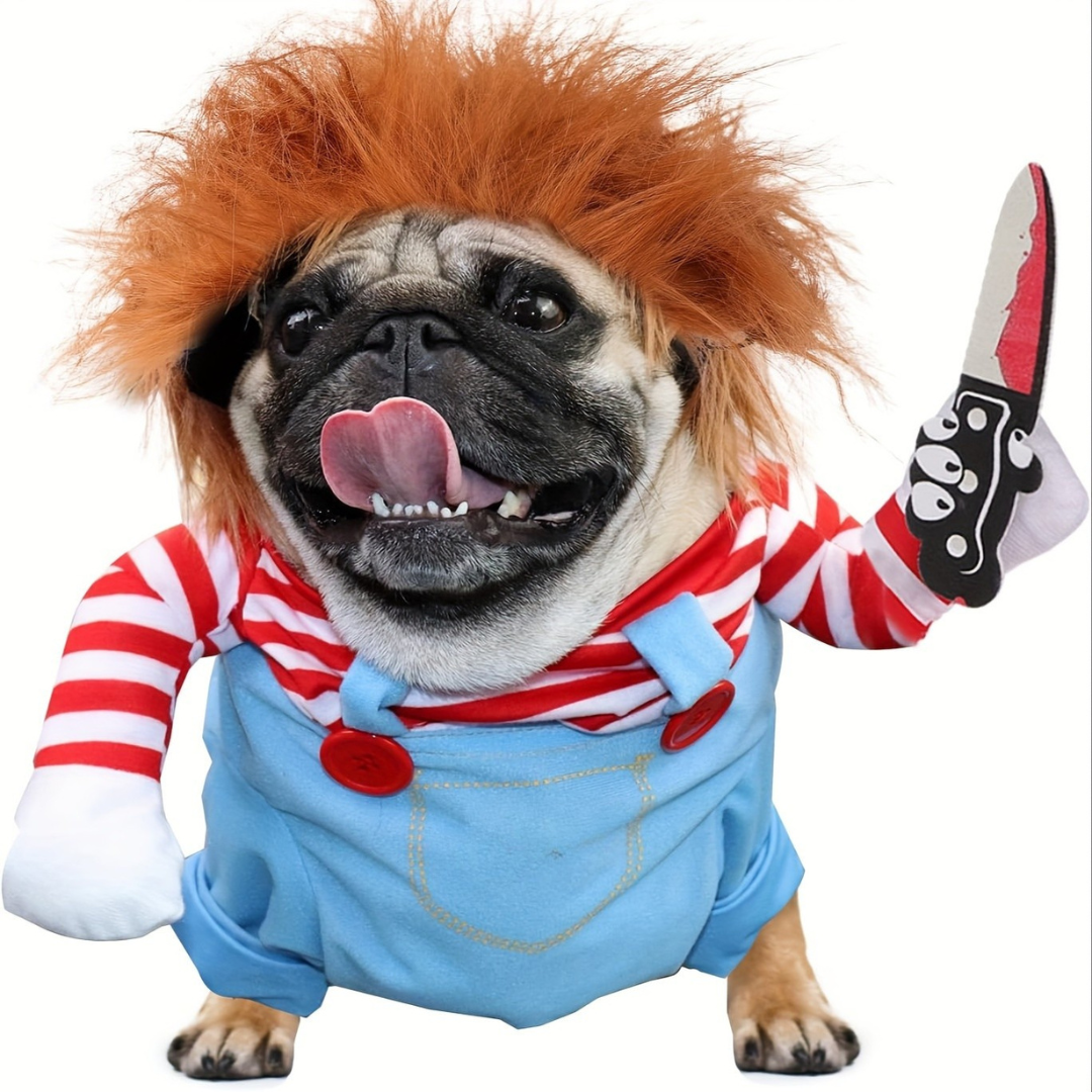Costume d'Halloween pour animaux de compagnie | Salopette rayée avec motif perruque