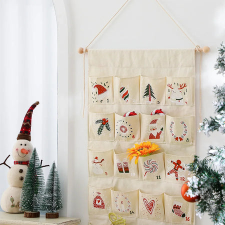 Calendrier de l'Avent de Noël | Décoration murale suspendue 24 pochettes en toile