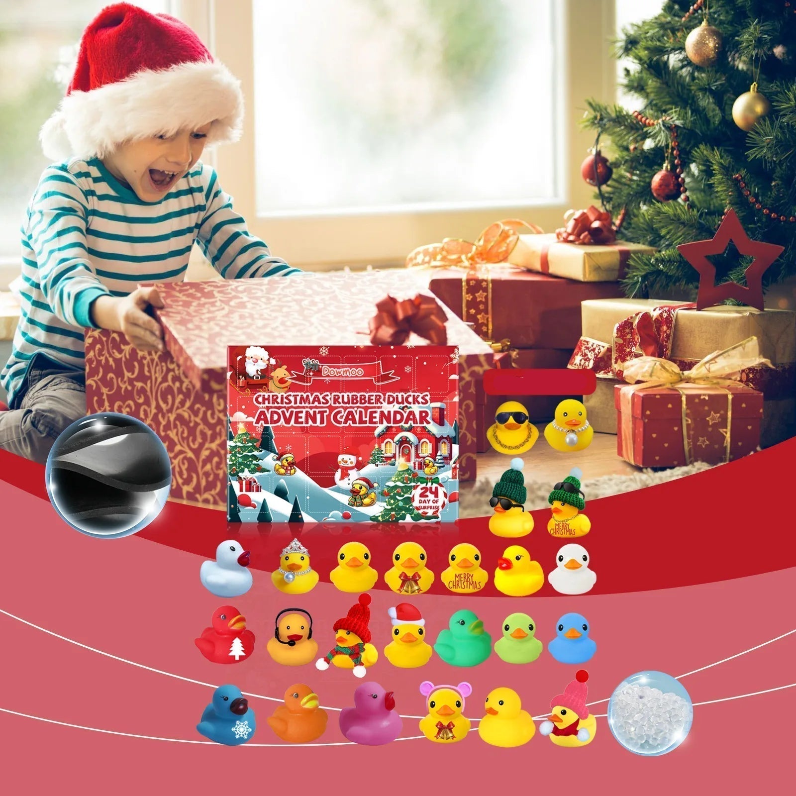 Calendrier de l'Avent Canard en caoutchouc de Noël | 24 jouets de bain sur le thème des fêtes