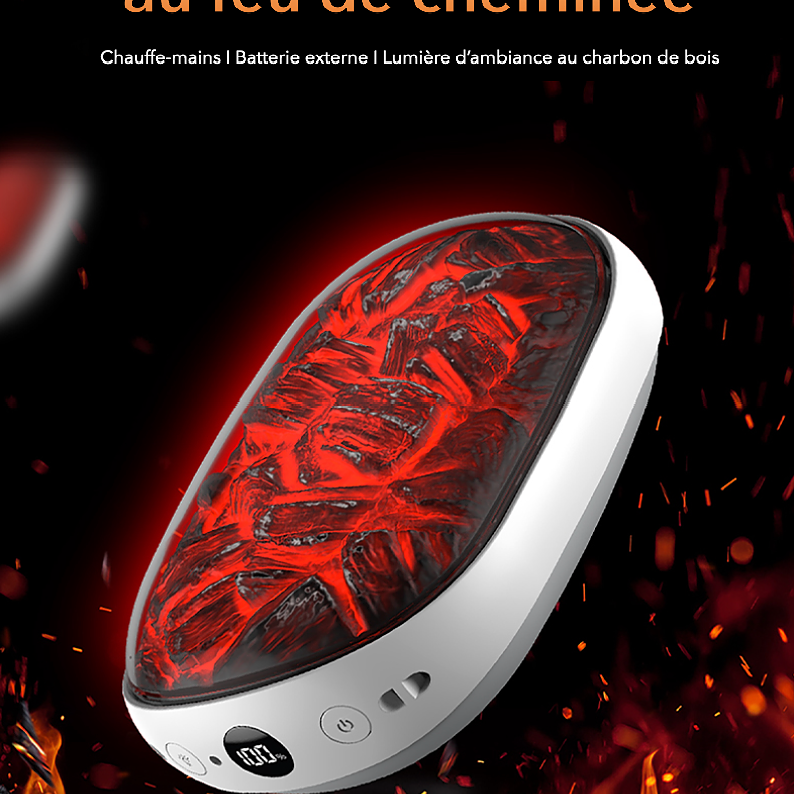 Chauffe main léger et rechargeable, aspect flamme avec chauffe rapide - 3 niveaux, chargeur USB-C, batterie externe de 2000 mAh lithium