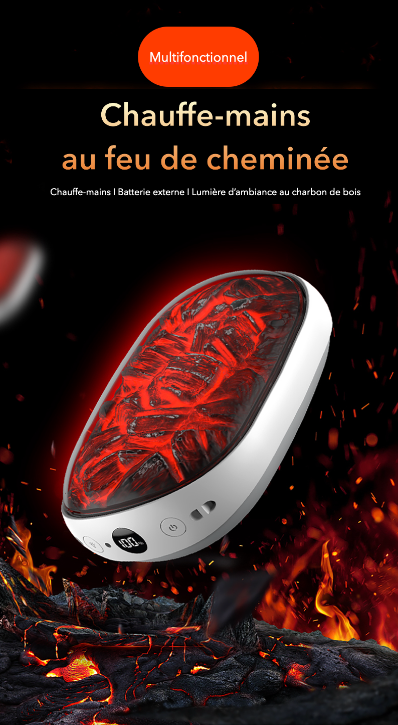Chauffe main léger et rechargeable, aspect flamme avec chauffe rapide - 3 niveaux, chargeur USB-C, batterie externe de 2000 mAh lithium