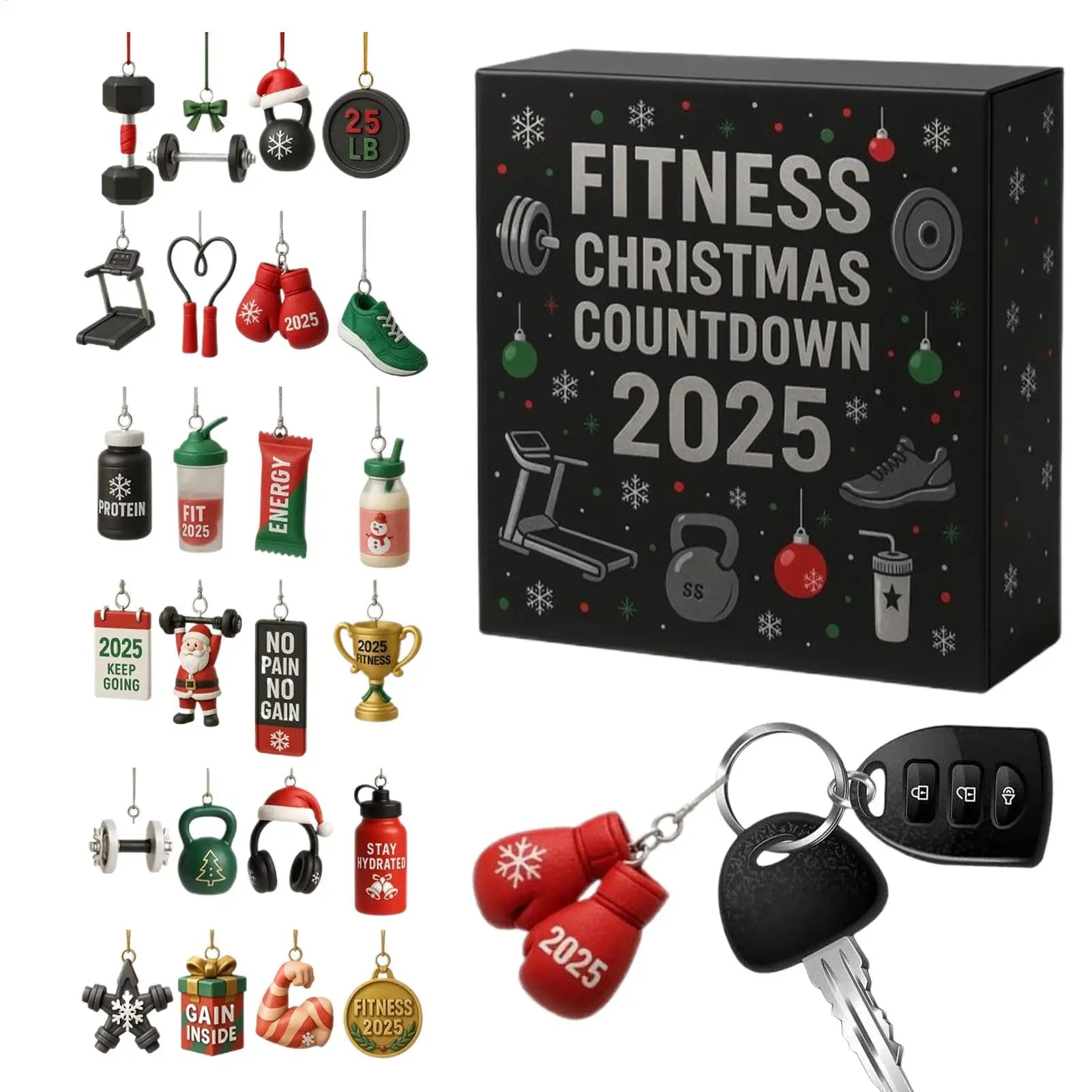 Calendrier de l'Avent de Noël Fitness | Ornements de compte à rebours d’entraînement de 24 jours