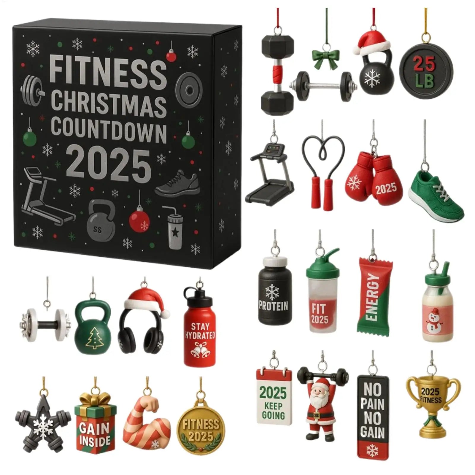Calendrier de l'Avent de Noël Fitness | Ornements de compte à rebours d’entraînement de 24 jours