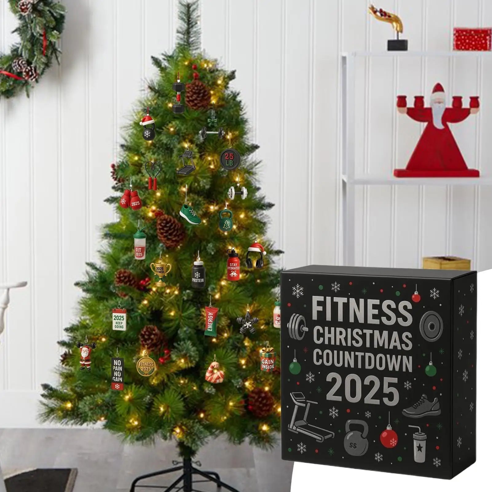 Calendrier de l'Avent de Noël Fitness | Ornements de compte à rebours d’entraînement de 24 jours
