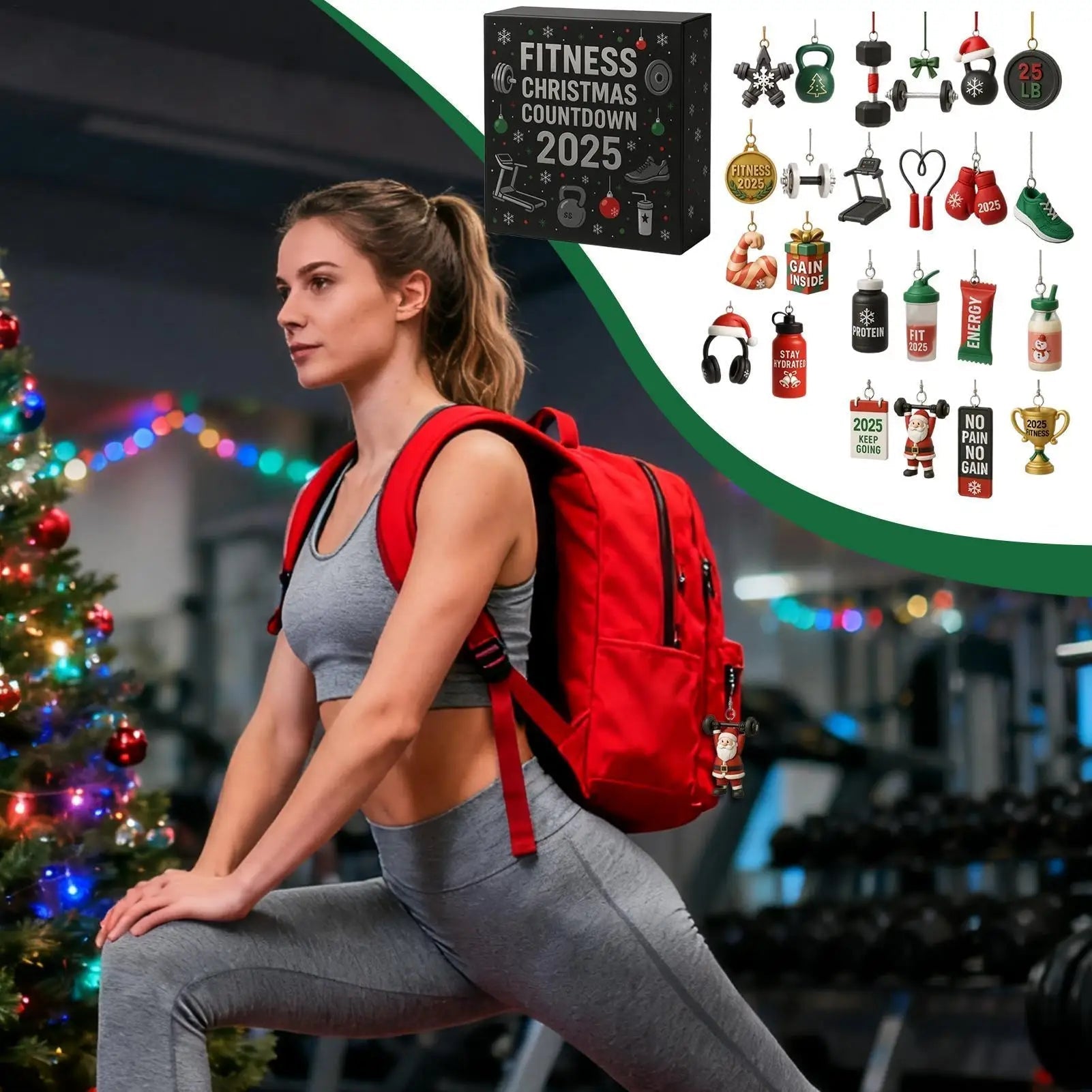 Calendrier de l'Avent de Noël Fitness | Ornements de compte à rebours d’entraînement de 24 jours