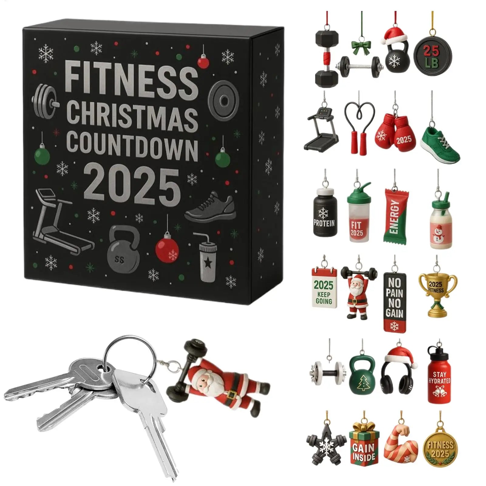 Calendrier de l'Avent de Noël Fitness | Ornements de compte à rebours d’entraînement de 24 jours