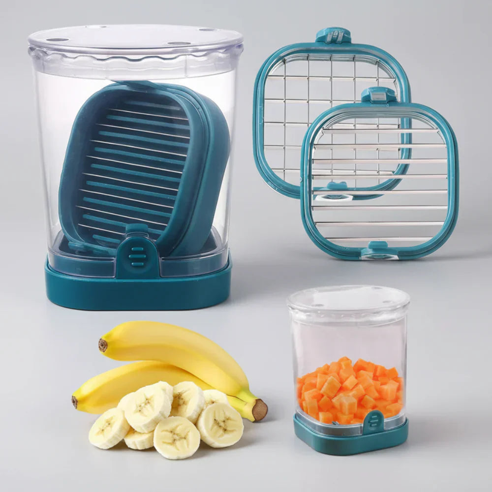Trancheur à fruits avec bol collecteur et lames interchangeables pour une coupe rapide