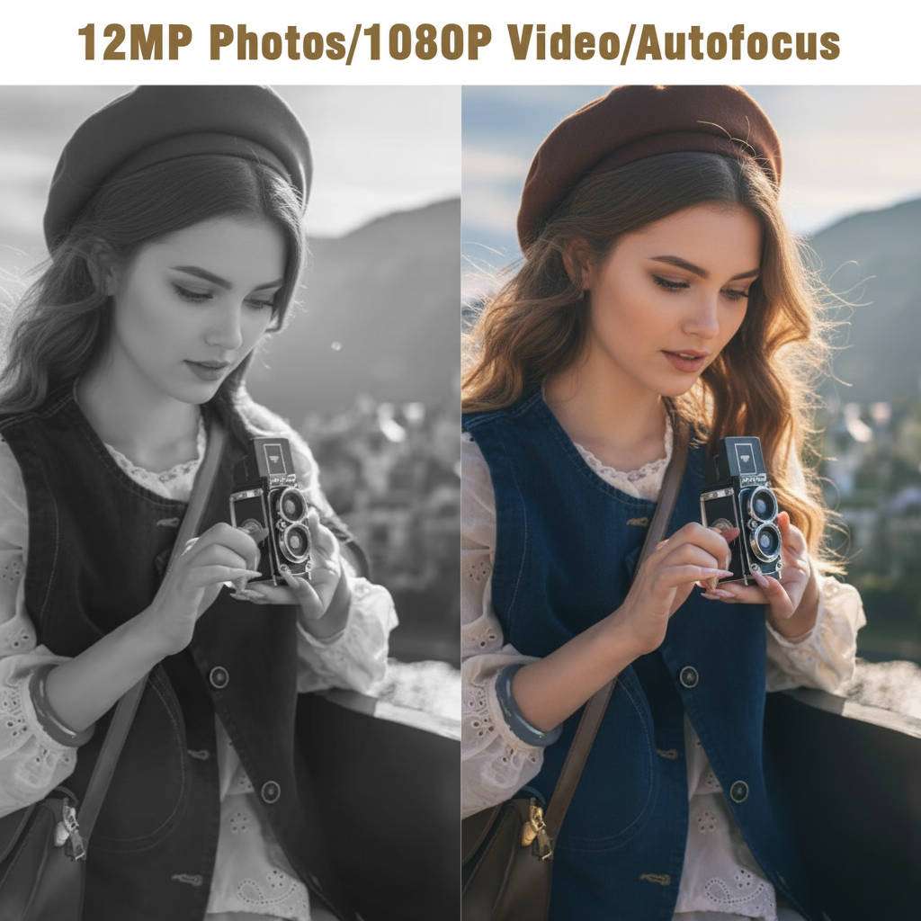 Appareil photo numérique compact rétro 12 Mpx à prise de vue instantanée, vidéo 1080p, carte 16 Go, batterie 1000 mAh