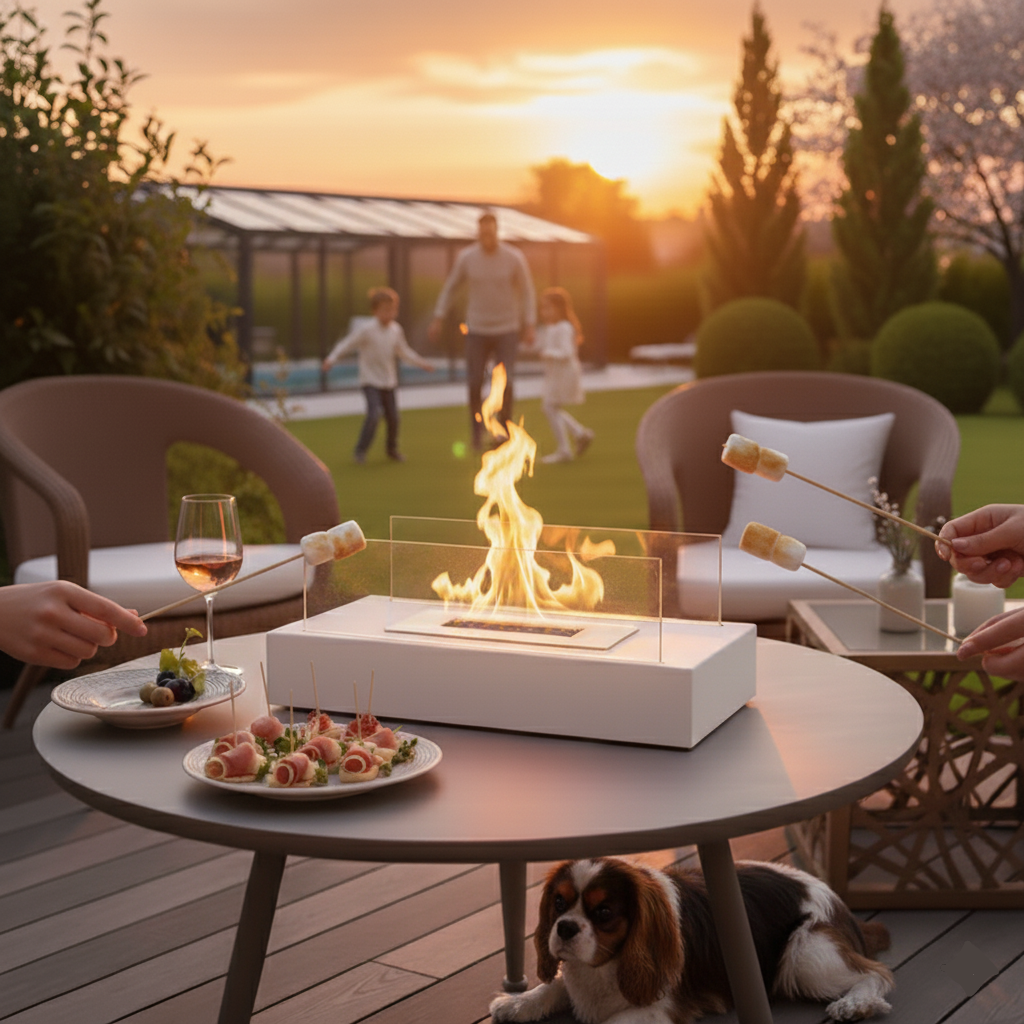 Cheminée de table rectangulaire premium au bioéthanol - verre borosilicate et acier de haute qualité