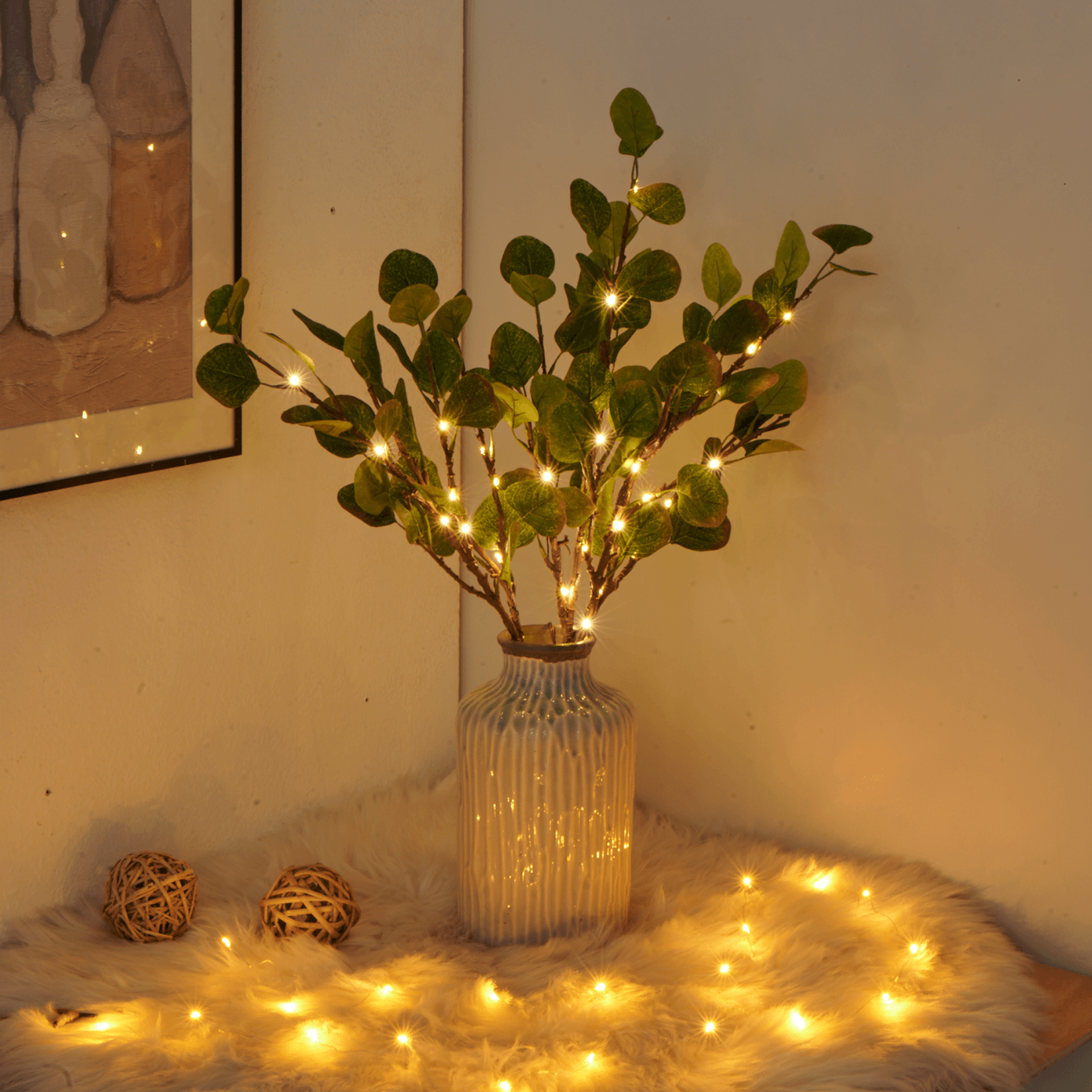 Branche lumineuse Branche d'olivier LED Blanc chaud 70 cm 120 lumières Éclairage d'ambiance Branche décorative Guirlande lumineuse Salon Chambre Batterie Noël Nature