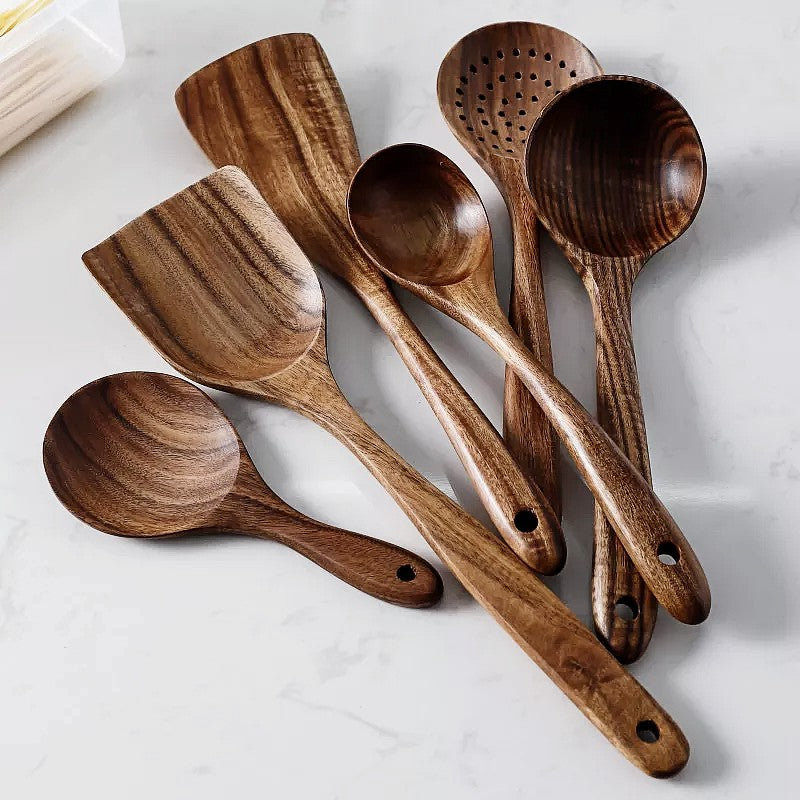 Ensemble d'ustensiles de cuisine 7 pièces en teck - bois naturel, compatibles surfaces antiadhésives, usage quotidien