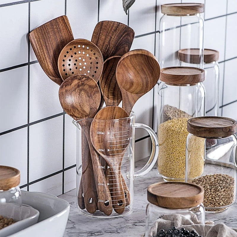 Ensemble d'ustensiles de cuisine 7 pièces en teck - bois naturel, compatibles surfaces antiadhésives, usage quotidien