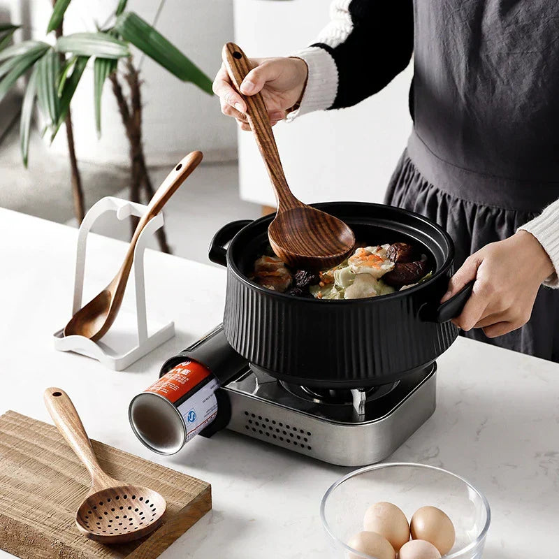 Ensemble d'ustensiles de cuisine 7 pièces en teck - bois naturel, compatibles surfaces antiadhésives, usage quotidien